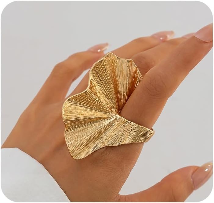 Rrdaily Chunky Gold Ginkgo Leaf Knuckle Ring for Women,Vintage Geometric Pleated Petal Statement Finger Ring,Personalized Trendy Jewelry Accessories Gifts