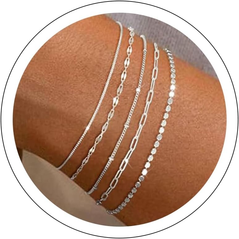 MBW Sterling Silver Bracelets for Women Trendy, Minimalist Simple Dainty S925 Silver Plated Bracelets for Women Stack Waterproof Jewelry Small Thin Bracelet Set for Womens Teen Gift