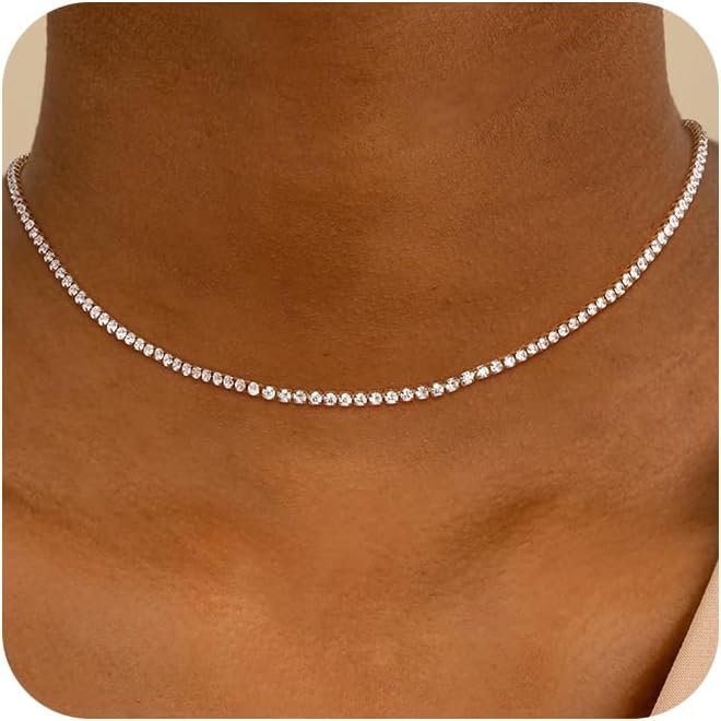 Robaice Tennis Necklace for Women, 14K Gold/Silver Plated Rhinestone Choker Necklace for Women, Dainty Cubic Zirconia Cut Faux Diamond Chain