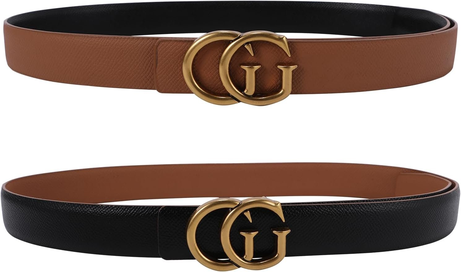Women Reversible Leather Belt with Fashion Gold Buckle for Dresses, Jeans, and Coats,width 1.1″