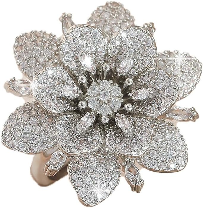 Kokoma Double Layered Rhinestone Flower Ring for Women Cubic Zirconia Geometry Sunflower Wrap Finger Band Adjustable Open Bands Rings Engagement Jewelry