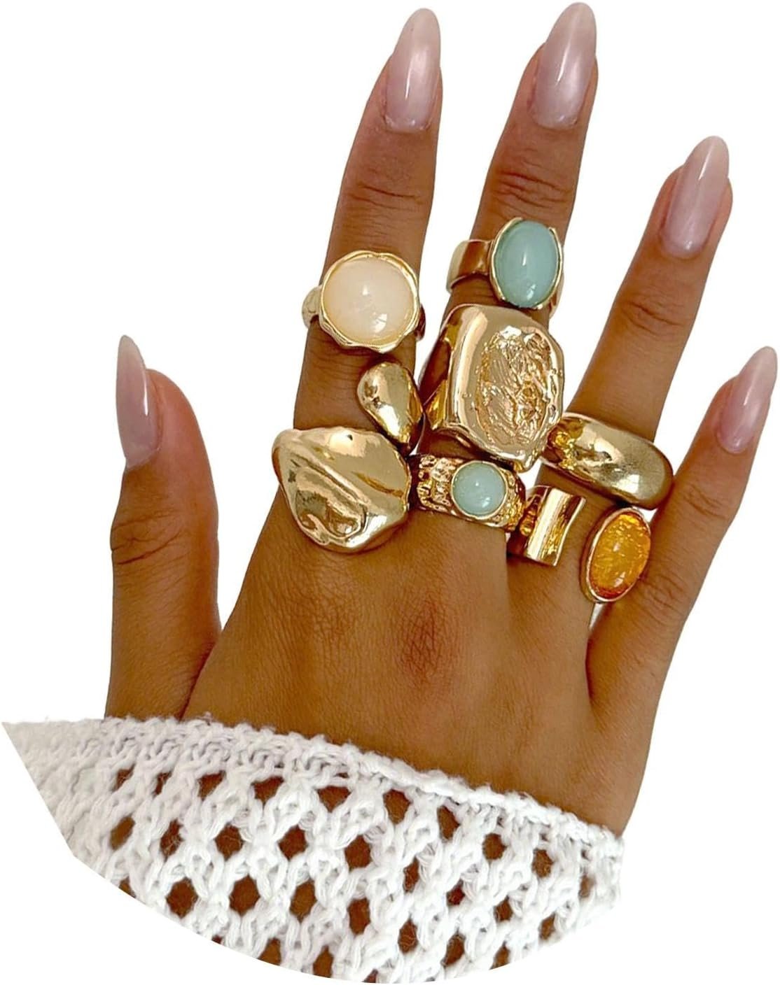 Chunky Gold Square Knuckle Finger Ring Set for Women,Vintage Colored Rhinestone Statement Finger Rings,Personalized Trendy Jewelry Accessories Gifts