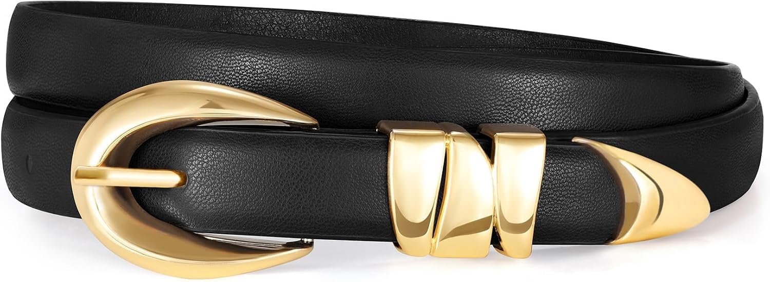 XZQTIVE Women’s Skinny Leather Belts Ladies Thin Waist Belts for Jeans Dress Pants Trendy Black Belt with Gold Buckle