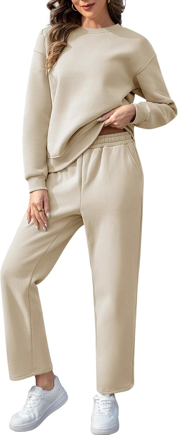COZYPOIN Womens Fleece 2 Piece Outfits Sweatsuit Crewneck Pullover Sweatshirt Wide Leg Joggers Pants Tracksuit Lounge Set