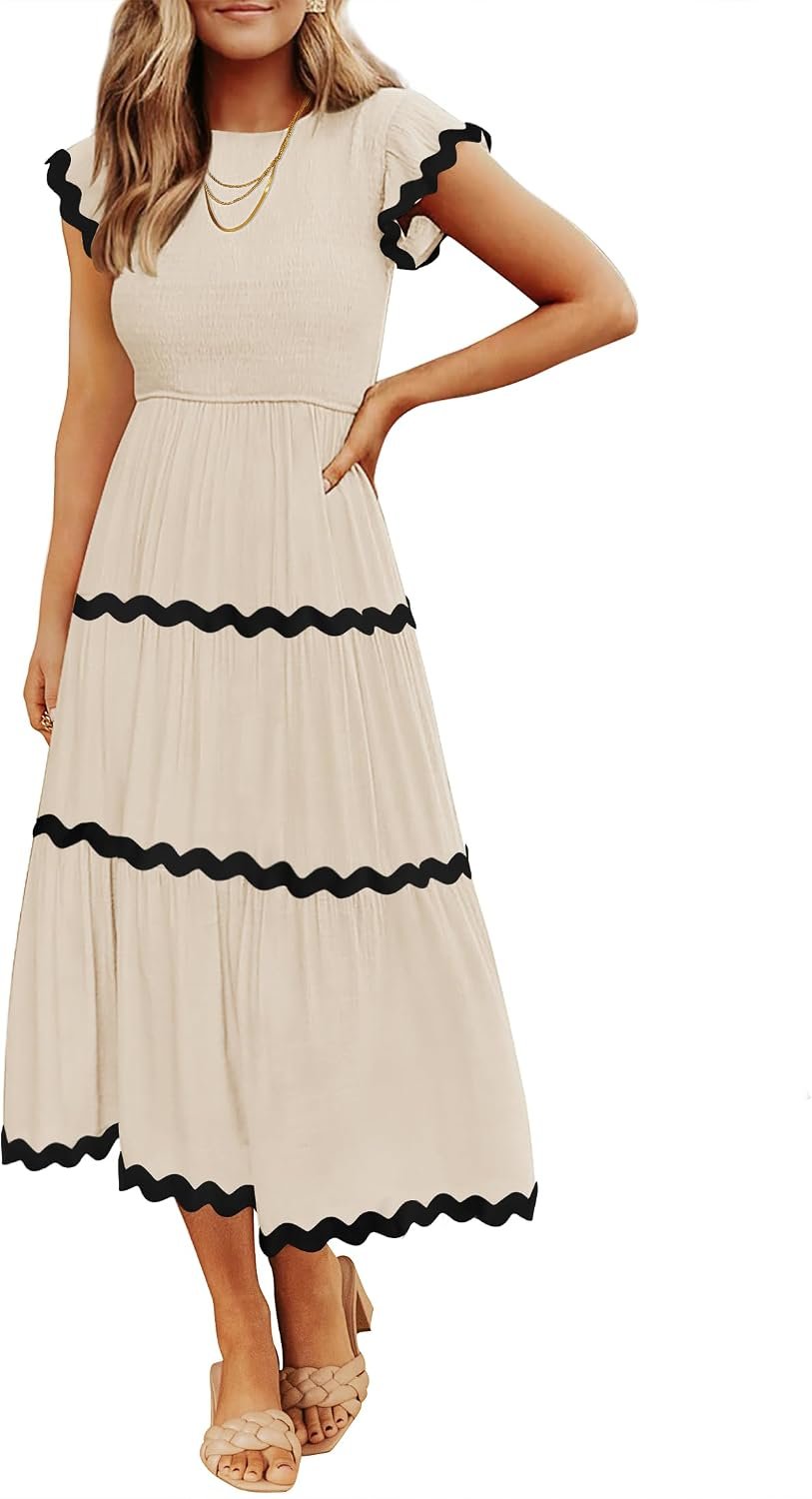 ZESICA Womens Summer Casual Smocked Midi Dress 2026 Flutter Short Sleeve High Waist Tiered Flowy Boho Vacation Dresses