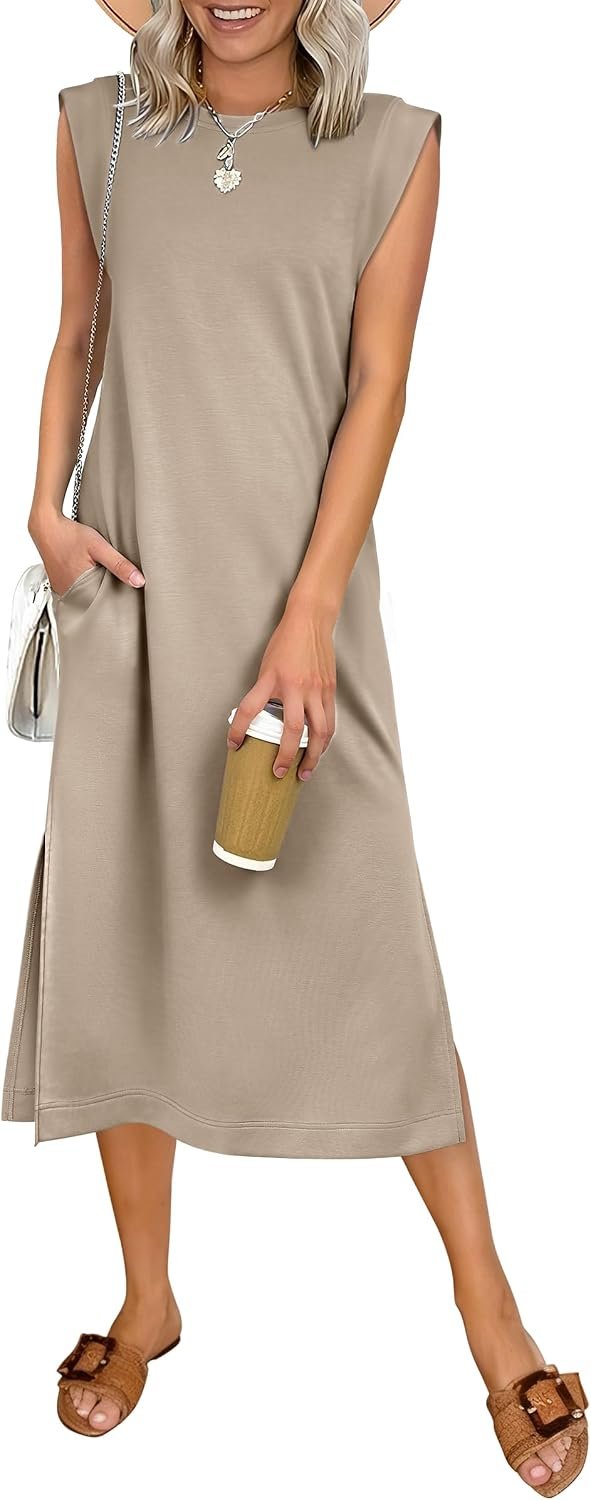 ANRABESS Womens Summer Casual Midi Dress Sleeveless Crewneck Loose Split Wrinkle-Free Beach Travel Vacation Long Sundress