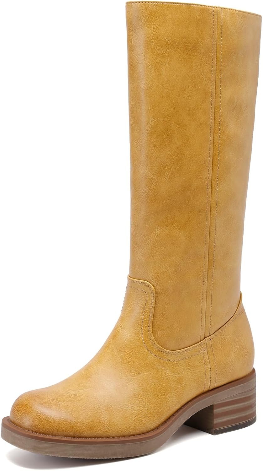 DREAM PAIRS Women’s Square Toe Platform Chunky Block Heel Knee High Riding Boots
