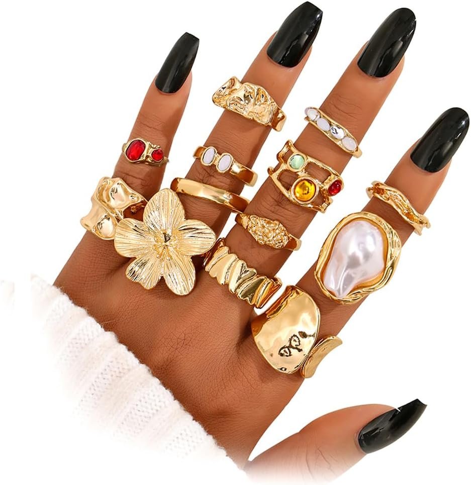 KISS WIFE Gold Rings for Women, Chunky Stackable Statement Ring Set, Baroque Pearl Enamel Rings, Boho Vintage Knuckle Rings, Mixed Size Fashion Jewelry Gift
