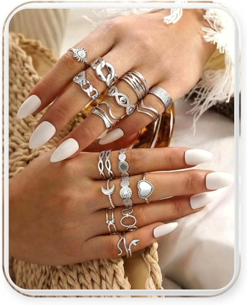 LOLIAS 16Pcs Stackable Stainless Steel Rings for Women Chunky Silver Rings Non Tarnish Ring Open Adjustable Thumb Finger Statement Ring Set