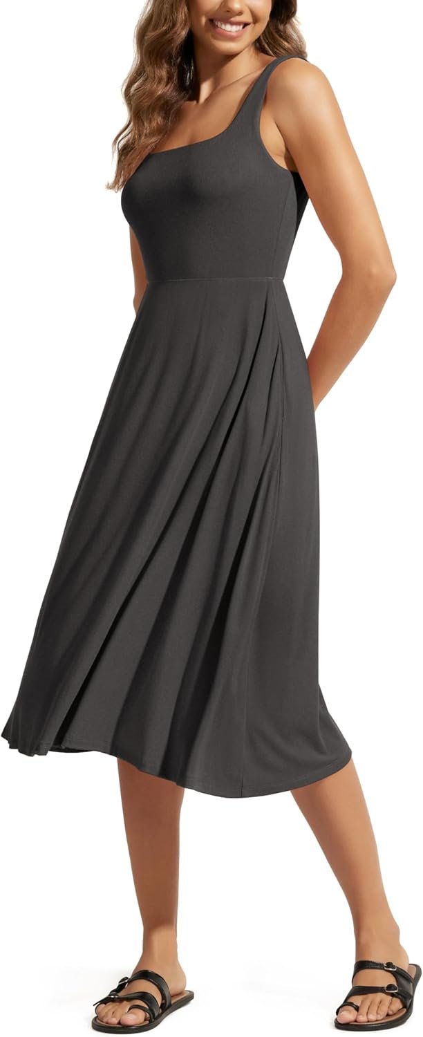 ODODOS Square Neck Midi Dress with Pockets for Women Summer Casual Sleeveless Sundress Flare Tank Dress