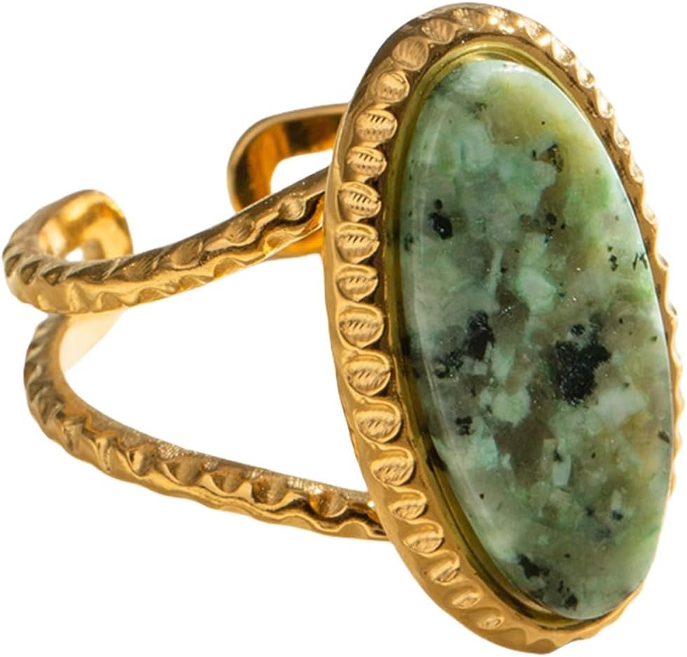 Hebelee Geometric Oval Statement Ring for Women Gold-Toned Titanium Steel Retro Stone Adjustable Open Band Wrap Finger Rings Comfirm Fit Boho Vintage Wedding Engagement Jewelry