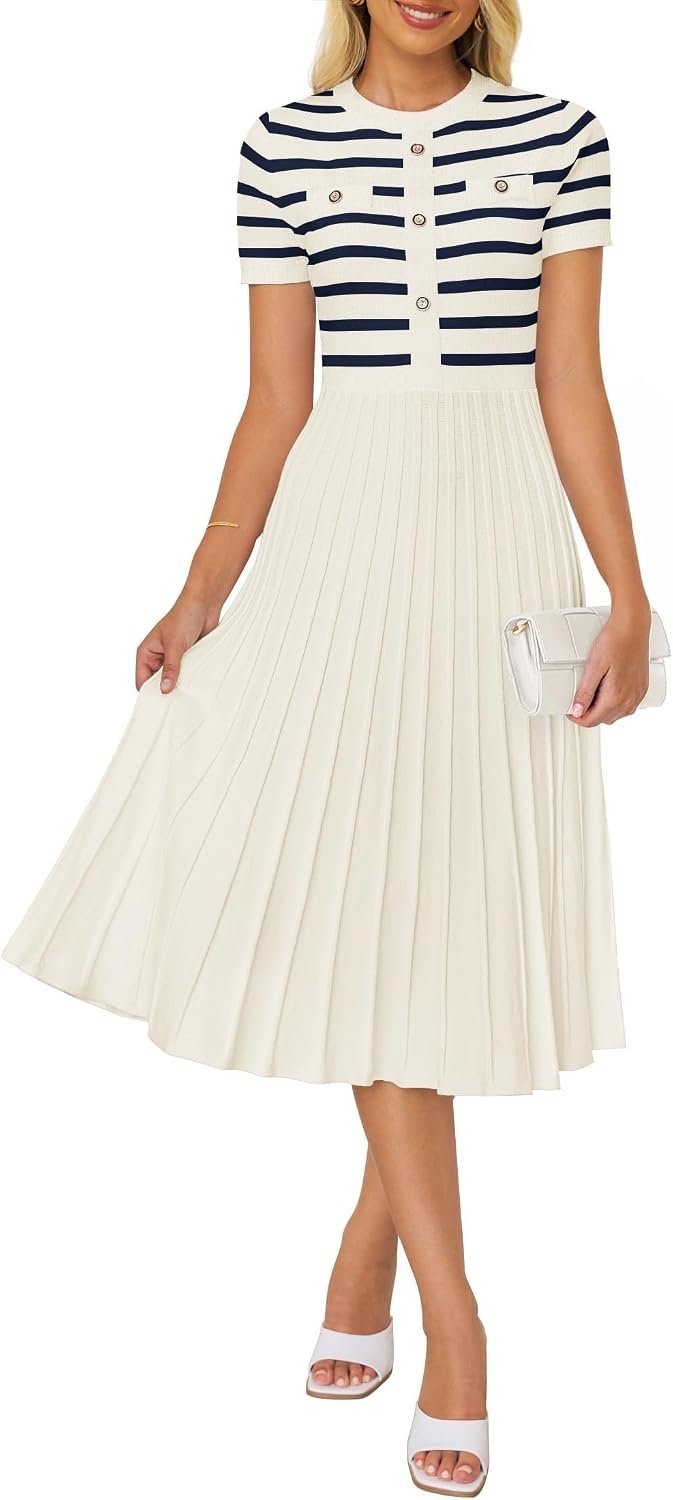 ZESICA Women’s 2026 Casual Striped Midi Dress Crewneck Short Sleeve Button Ribbed Knit Swing Pleated A Line Dresses