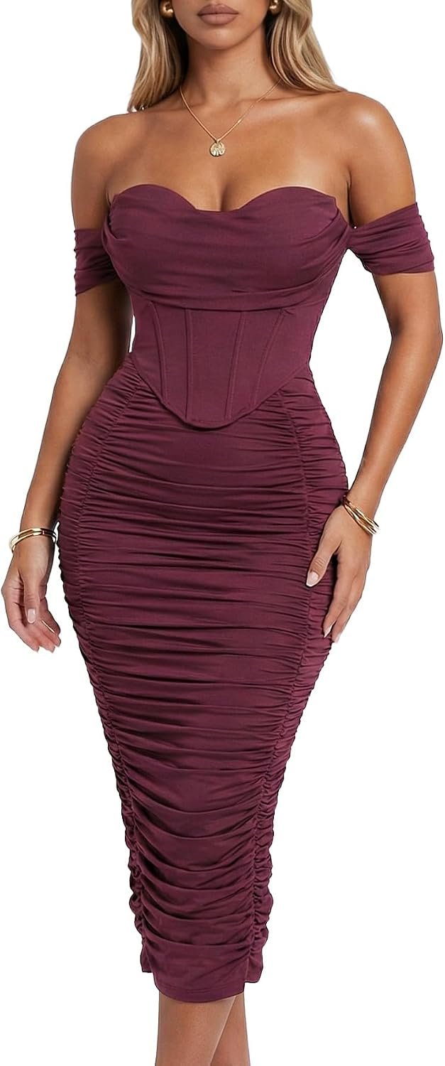 Scarlett Women’s Off the Shoulder Faux-Corset Ruched Midi Dress | Built-in Bra, bodycon curve hugging fit, elegant and sexy style, perfect for wedding guest, cocktail party and formal events