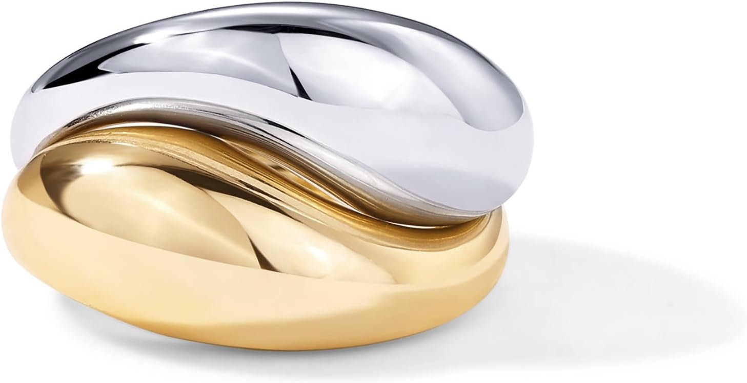 PAVOI 14K Gold Plated Mixed Metal Chunky Two Tone Wavy Dome Rings Pack for Women | Statement Ring Set