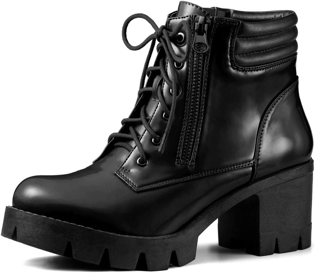 Allegra K Women’s Round Toe Chunky Heel Lace Up Zipper Combat Boots