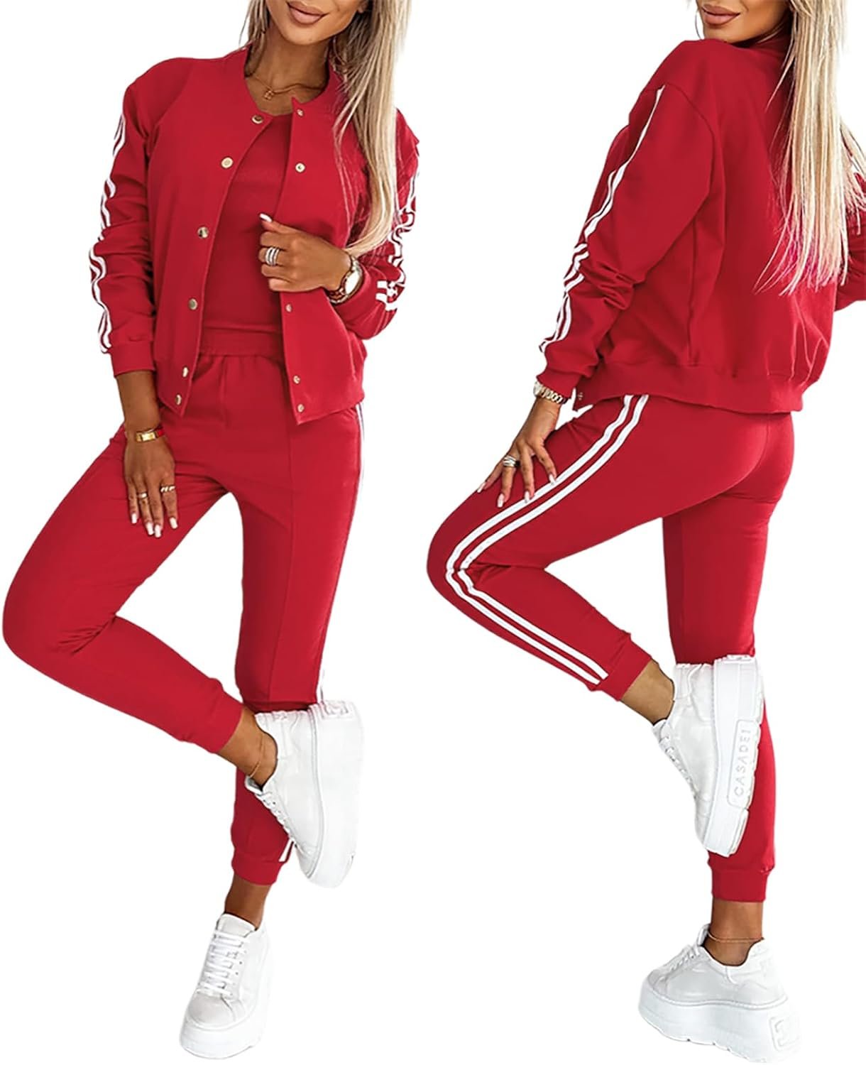 CHICME Women’s Three Piece Outfits Striped Tape Patch Tank Tops Bomber Jacket with Sporty Pants Tracksuit Lounge Sets