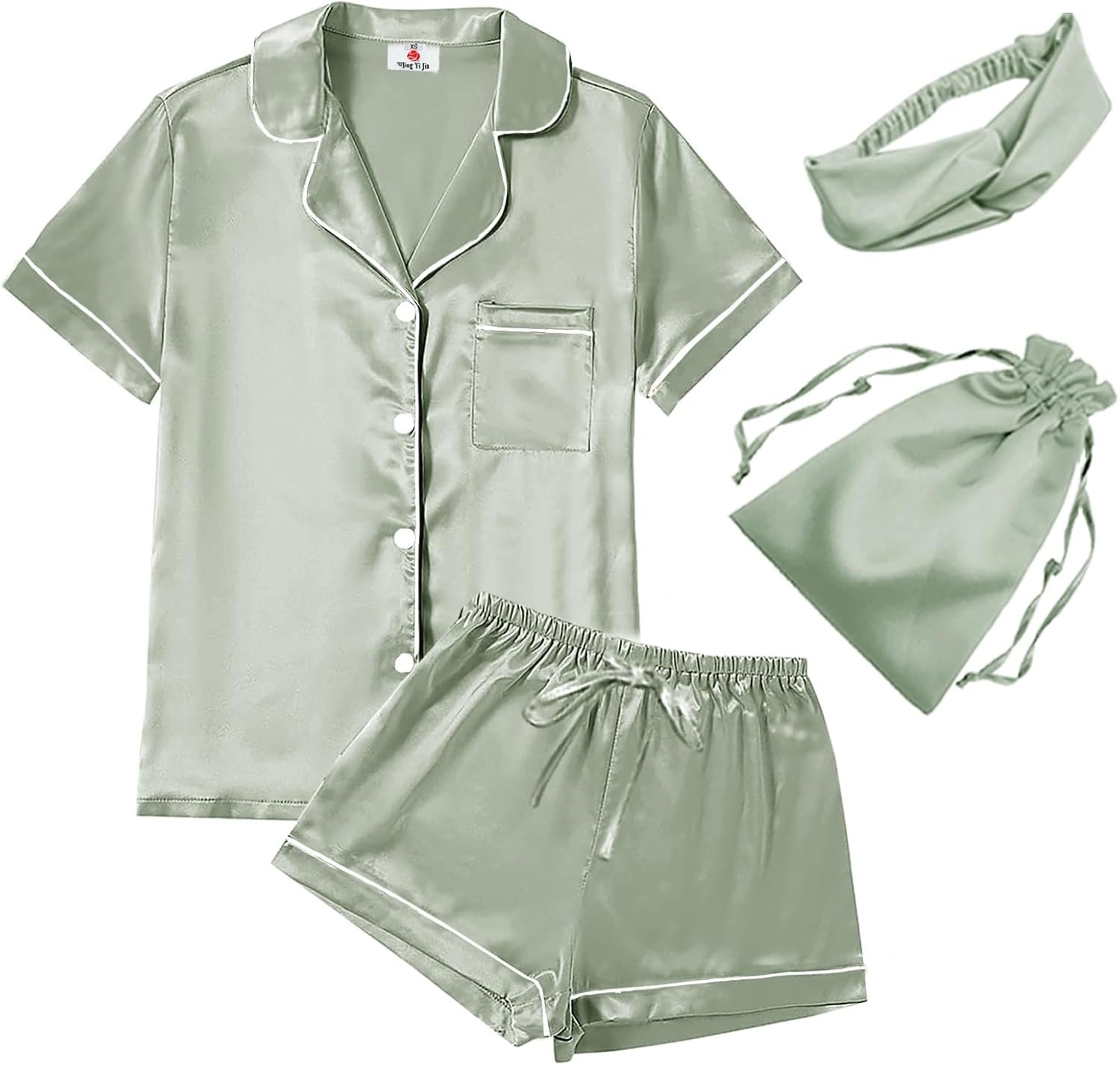 WJing Yi Jia 4Pcs Womens Satin Silky Pajama Sets Short Sleeve Shirt XS-4XL Floral Pajamas Set Soft PJ Loungewear Sleepwear