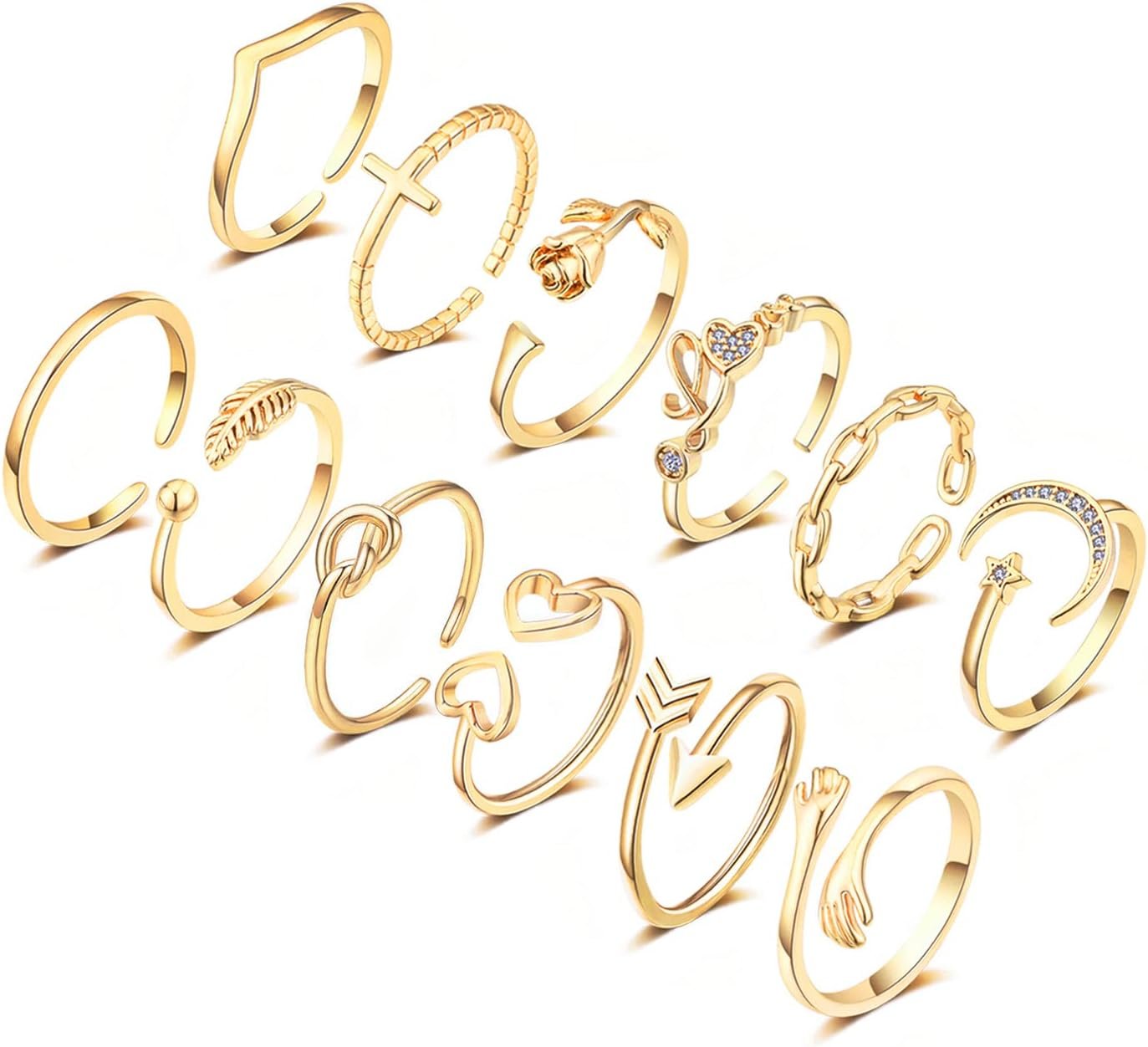 KOHOTA 12PCS Adjustable Knuckle Rings for Women 14K Gold Plated Silver Simple Stacking Rings Pack Open Knot Star Moon Butterfly Dainty Thumb Ring Set for Women