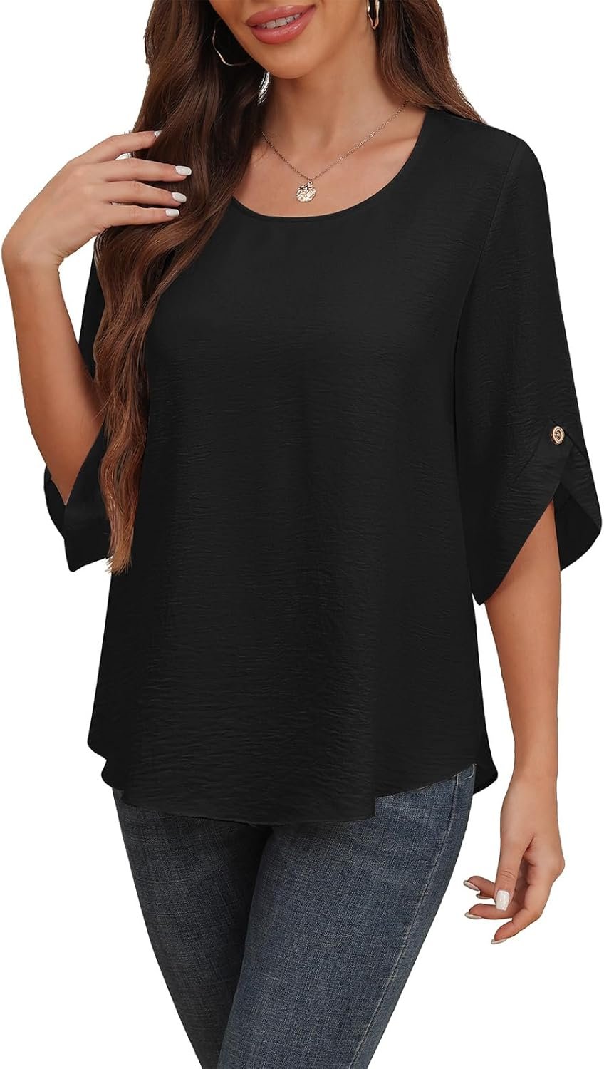 Askyes Women’s 2026 Summer Chiffon Blouses Bell Short Sleeve Tshirts Casual Loose Flowy Dressy Work Tops for Leggings Blouse