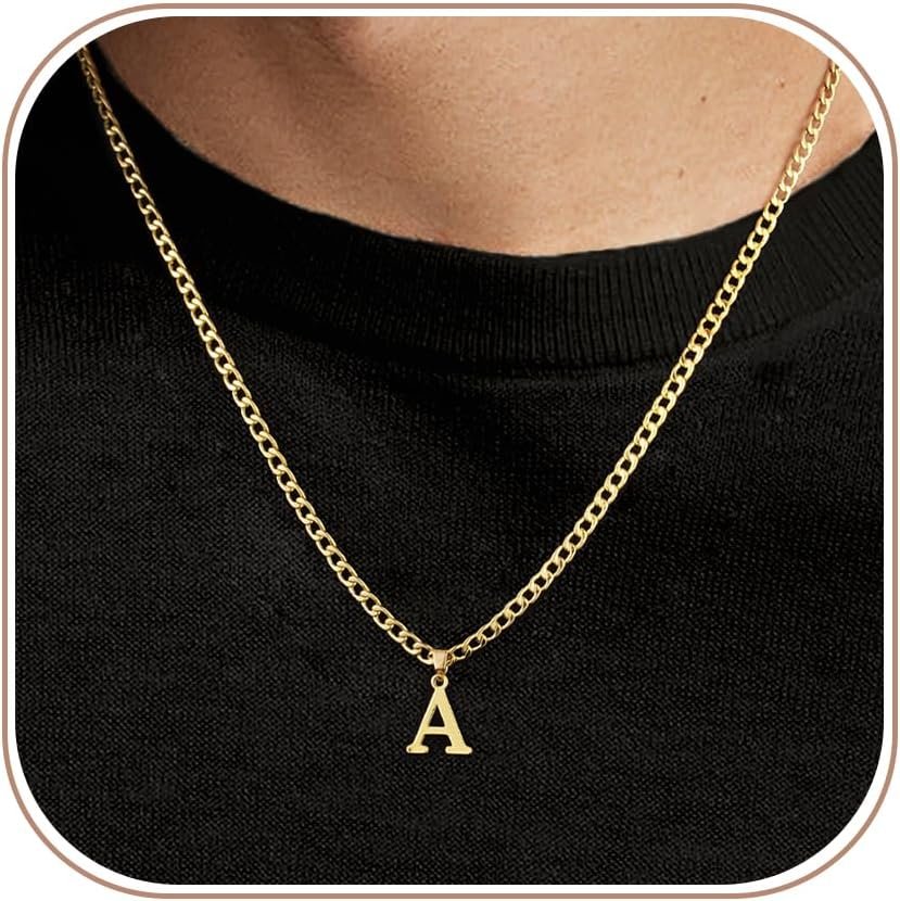 Initial A-Z Letter Pendant Necklace for Men 18K Gold Plated Capital Initial Necklace Cuban Link Chain 4mm 20 Inch Jewelry Gift