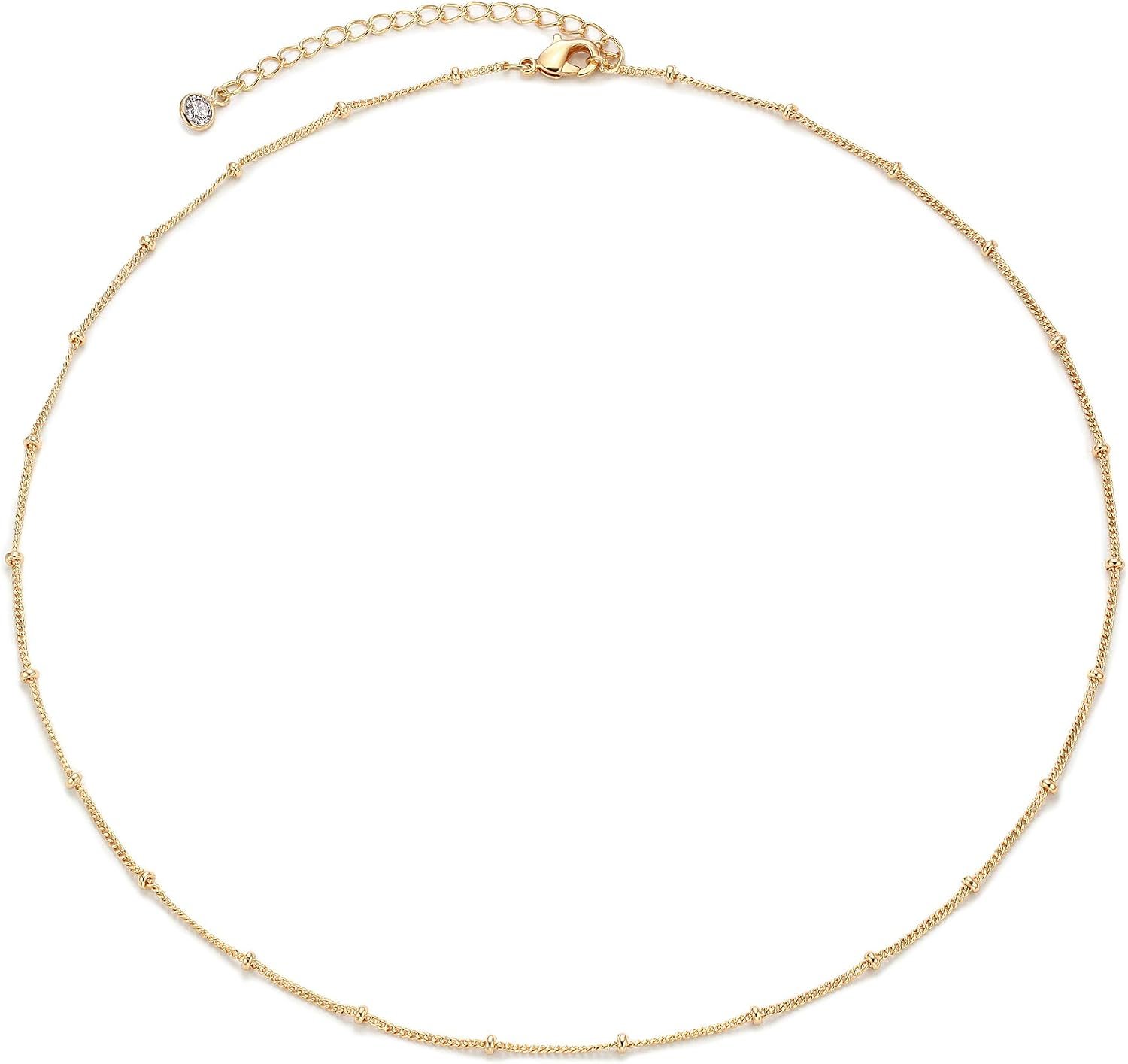 MEVECCO Dainty Gold Chain Choker Necklace 14K Gold Plated Handmade Boho Cute Tiny Beaded Link Choker Necklace Delicate Simple Minimalist Choker Necklace for Women