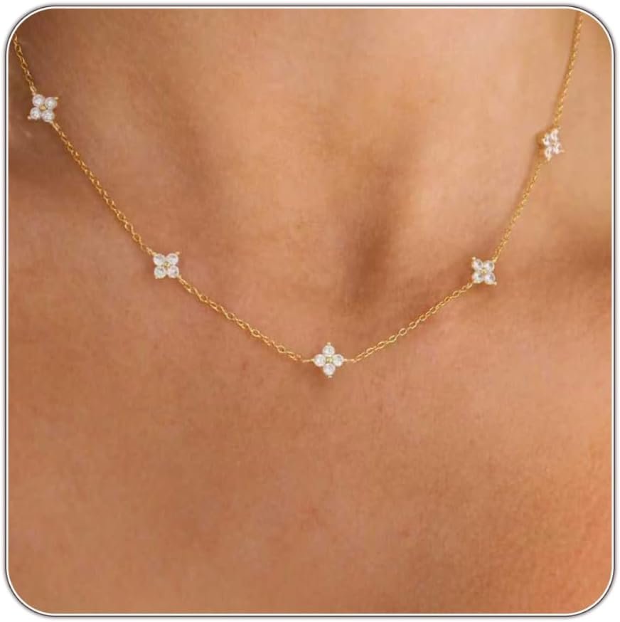 Dainty Silver Gold Necklaces for Women Cute Station Choker Simulated Diamond Necklace Simple Layering CZ Necklace Trendy Jewelry Gifts