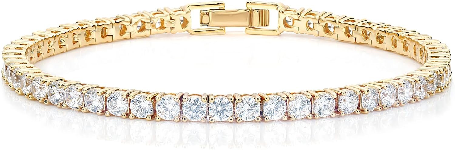 Haqptul 18K Gold/Sterling Silver Plated Tennis Bracelet for Women Men Cubic Zirconia White Gold Diamond 3mm Size 6.5-7.5 Inch