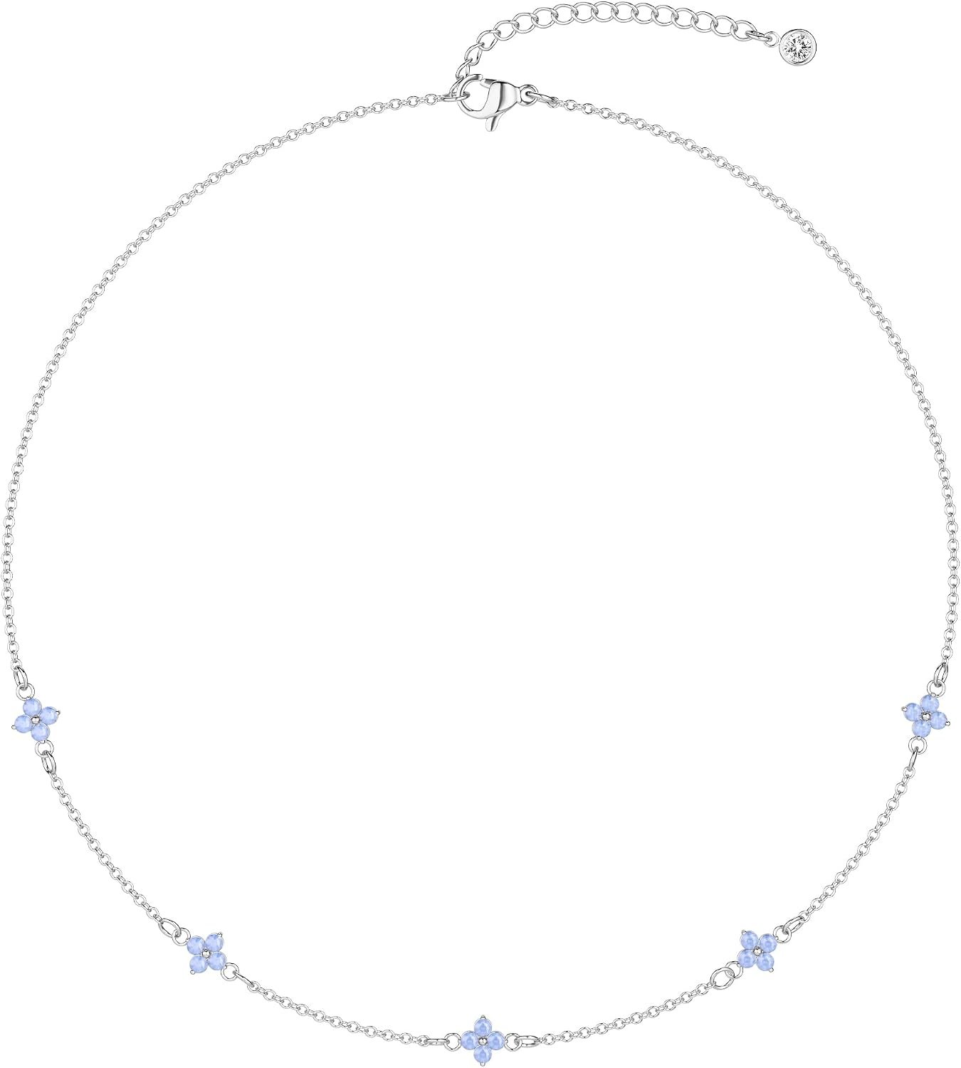 Freekiss Gold/Silver Necklace for Women, Dainty Chain Necklace 14K Gold Plated Station Choker Necklace Non Tarnish Small Cute Clover Flower CZ Diamond Necklaces Jewelry for Women Gifts