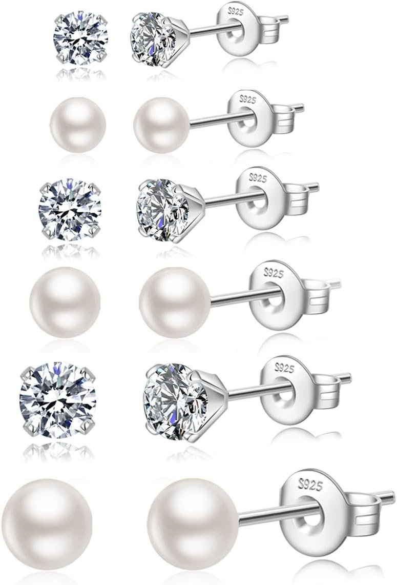 JEMARA Silver Stud Earrings for Women Hypoallergenic 925 Sterling Silver Pearl Earrings Cubic Zirconia Ball Stud Earrings Set Dainty Earring Sets for Multiple Piercing