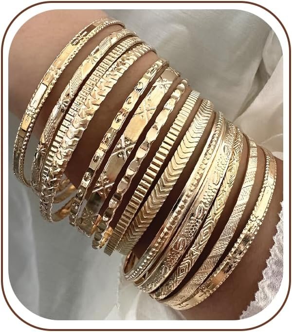 YEEZII Gold Bangle Bracelets for Women, 12 Pcs Indian Boho Stackable Set, Multi Layer Textured 14K Gold Plated Adjustable Bracelets Jewelry Set