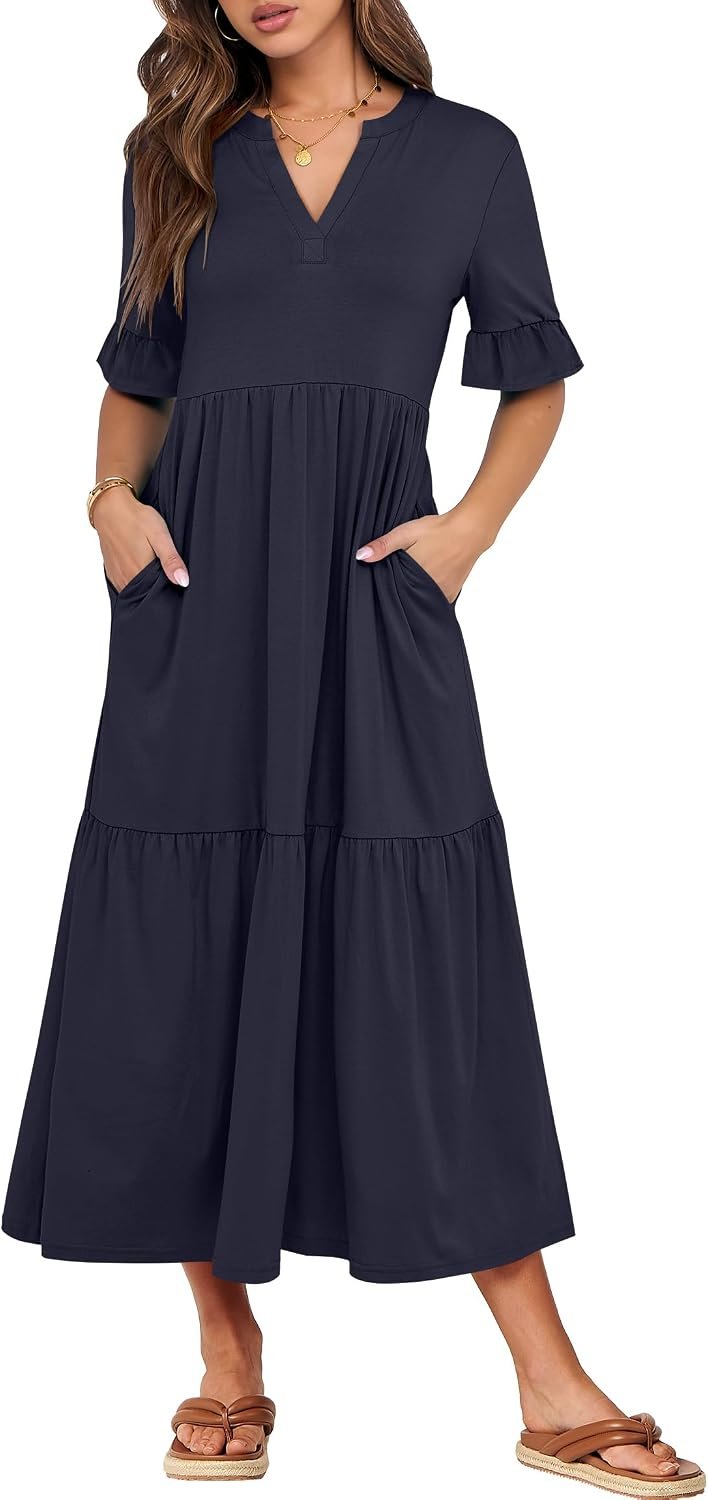 ANRABESS Womens Summer Maxi Dresses Casual Ruffle Short Sleeve V Neck Flowy Tiered 2026 Spring T Shirts Beach Boho Dress