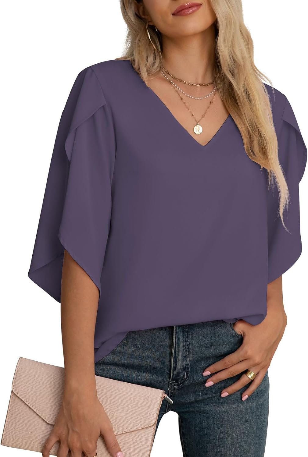 Jouica Women Blouses Casual Chiffon Tops Summer 3/4 Ruffled Sleeve Blouse for Women