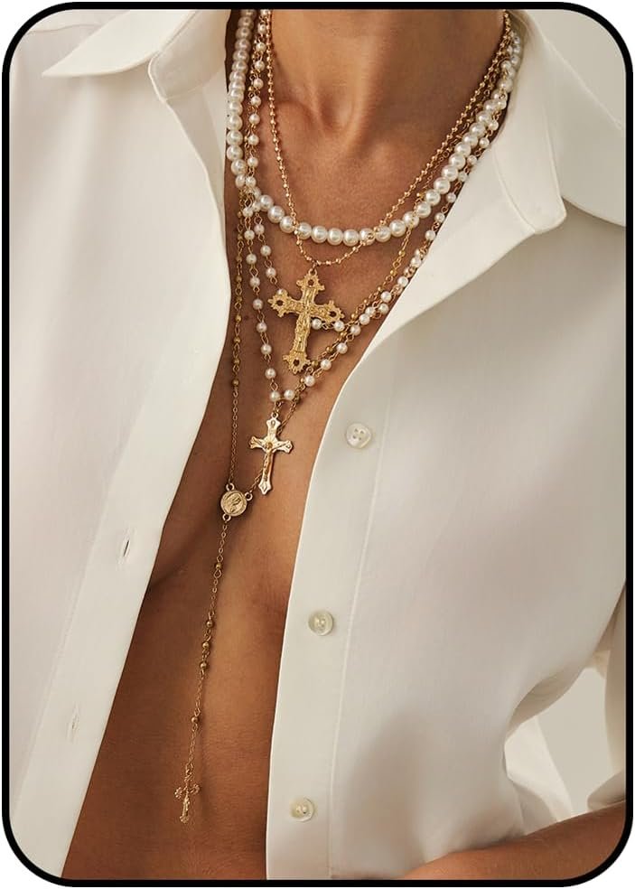 Silver Layered Cross Necklace Set For Women, 4Pcs Pearl Rosary Choker Chunky Christian Pendant Vintage Long Y Gold Necklace Stack Religious Statement Boho Gothic Adjustable Jewelry Gift