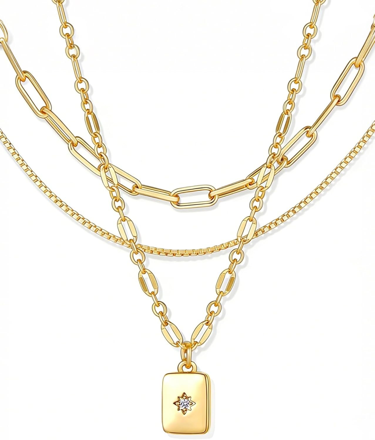 YEEZII Layered Gold Necklaces for Women Trendy, 3 Pcs 14K Gold Plated Choker Paperclip Box Chain Necklace, Stackable Women’s Gold Pendant Necklaces Jewelry Set