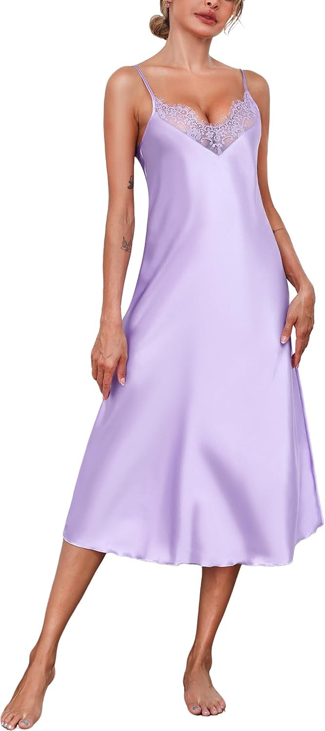 Marvmys Womens Satin Long Nightgown Lace Trim Silk Lingerie Slip Dress Sexy Spaghetti Strap Nightdress