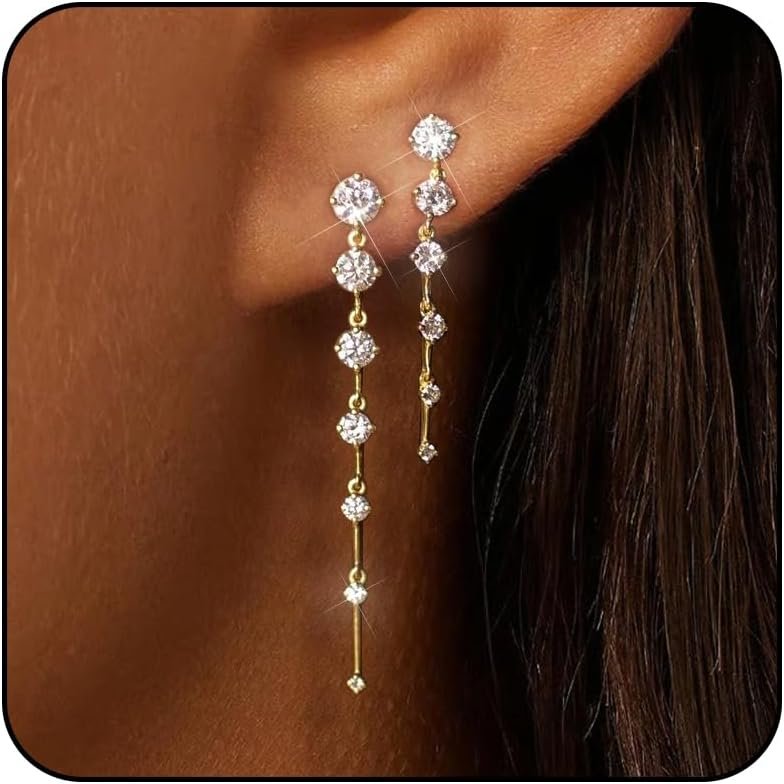 Lunvky 14K Gold Plated Dangle Earrings for Women Dainty Silver Drop Earring Trendy Long Dangling Wedding Bridesmaid Hoop Diamond Crystal Cute Earring Prom Jewelry Birthday Gifts