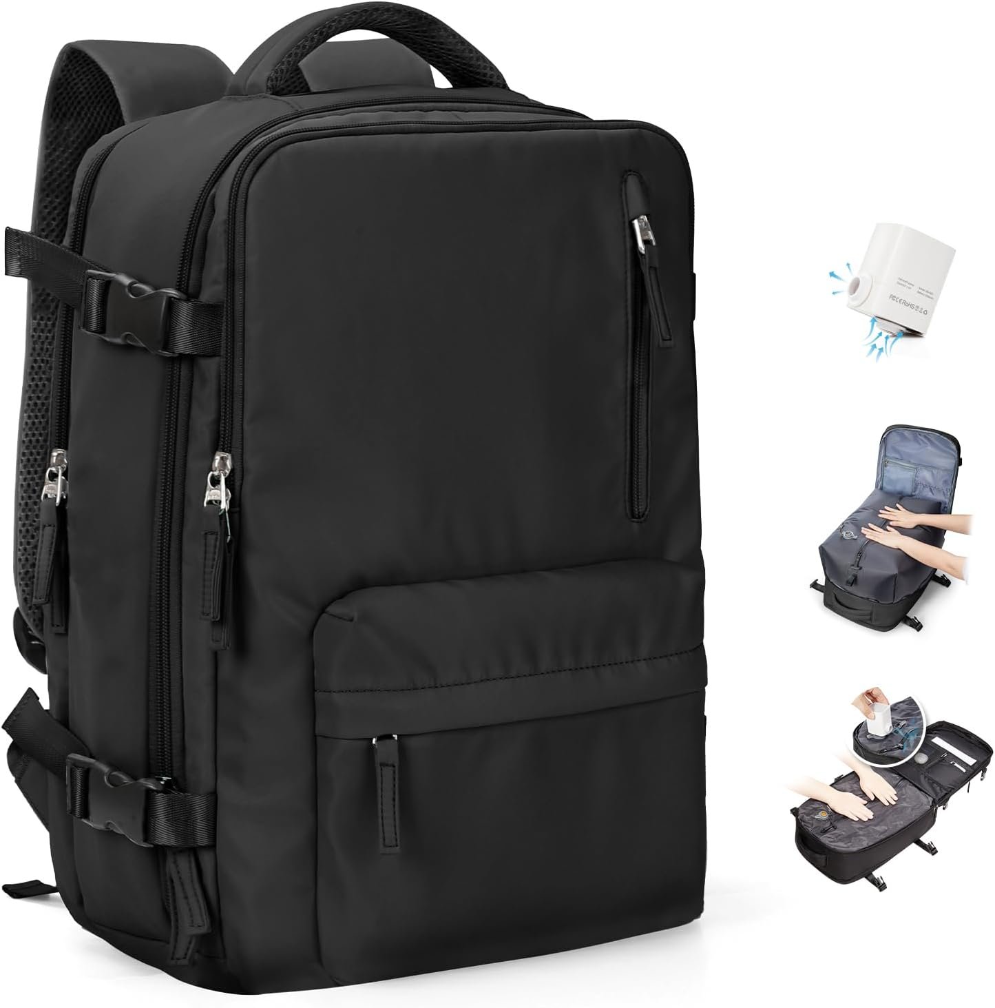 BOXSAM Vacuum Seal Backpack for Travel with Air Pump Compression 18x14x8 inches Vacpack Carry on Flight Approved Daypack Laptop Space Saver Bags Storage with Vacuum System Travel Bag Men Women Black