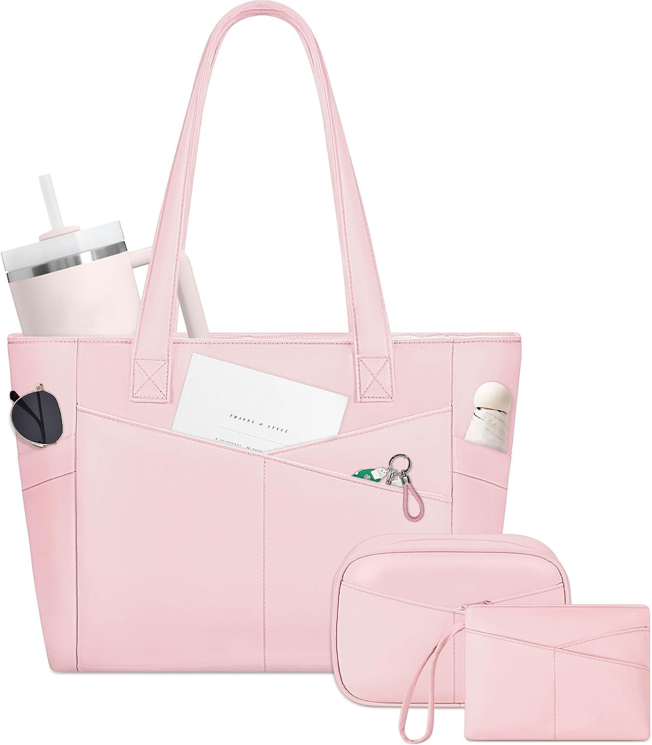 Tote Bag with Zipper, Work Tote Bags for Women with 15.6 In Laptop Compartment, Handbag with Cup Holder for Work, Travel