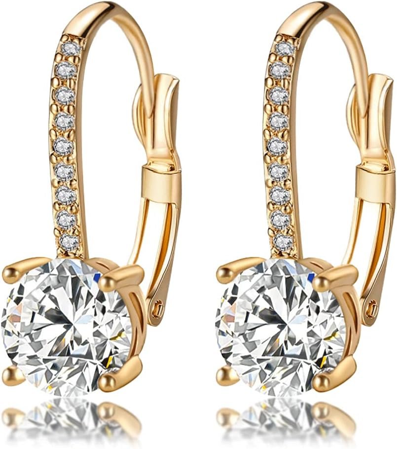 Ladies 1 Carat Diamond Pendant Earrings 18K Gold Plated Cubic Zirconia Hanging Lever Bridal Earrings Girls and Women’s Fashion Jewelry