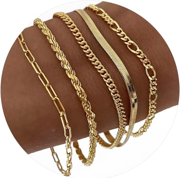 Dearmay Gold Bracelets for Women Waterproof, 14K Gold Plated Minimalist Bracelets Stack Non Tarnish Trendy Dainty Herringbone Vintage Cuban Paperclip Rope Thin Box Link Chain Stackable Jewelry Sets Modern Fashion Accessories Gifts for Womens