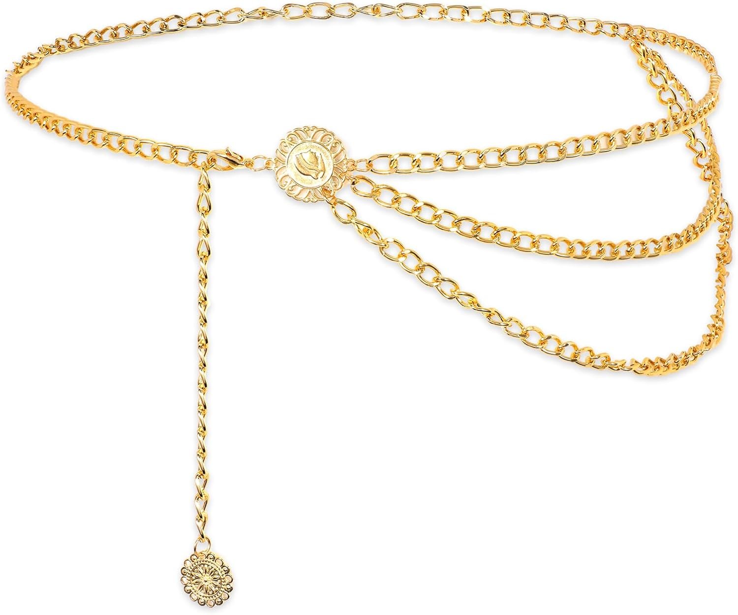 Multilayer Metal Waist Chain Belt for Women, Fashion Multilayer Adjustable Women Gold Long Belt Body Belly Jewelry for Dresses Jeans Trousers