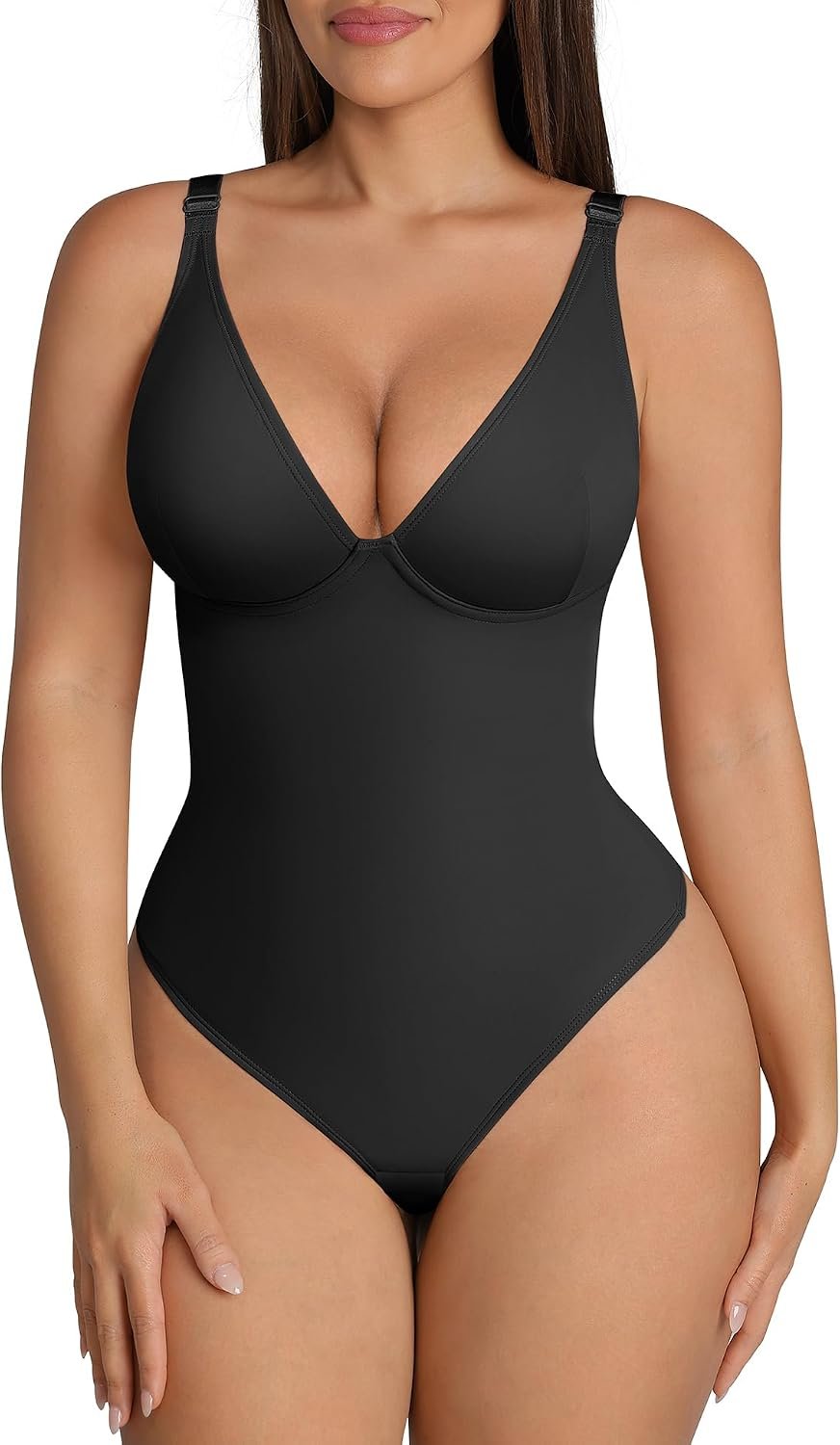 FeelinGirl Shapewear Bodysuits for Women Tummy Control Body Suits Deep V Neck Thong Body Shaper