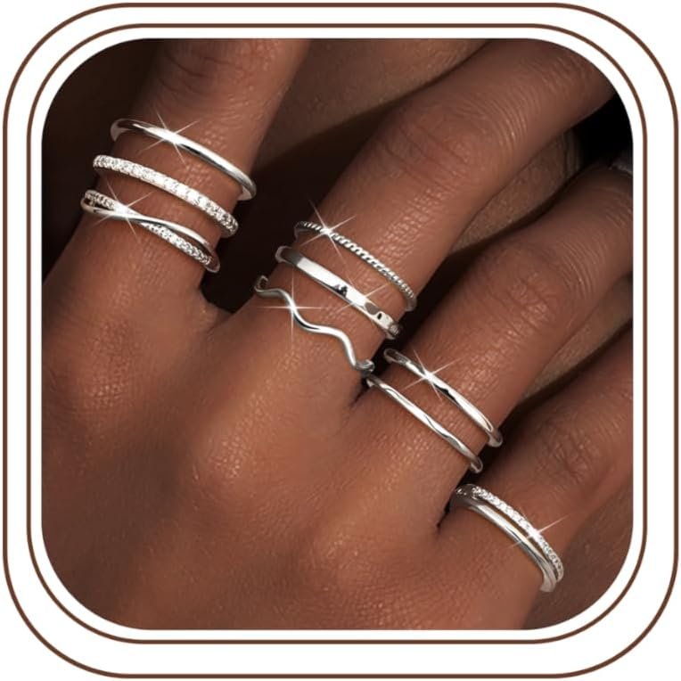 Tungary Gold Stackable Rings for Women Non Tarnish Open Adjustable Thin Thumb Silver Rings 14K Gold Plated Stacking Cubic Zirconia Knuckle Pinky Ring Set Dainty Statement Promise Wedding Band Ring