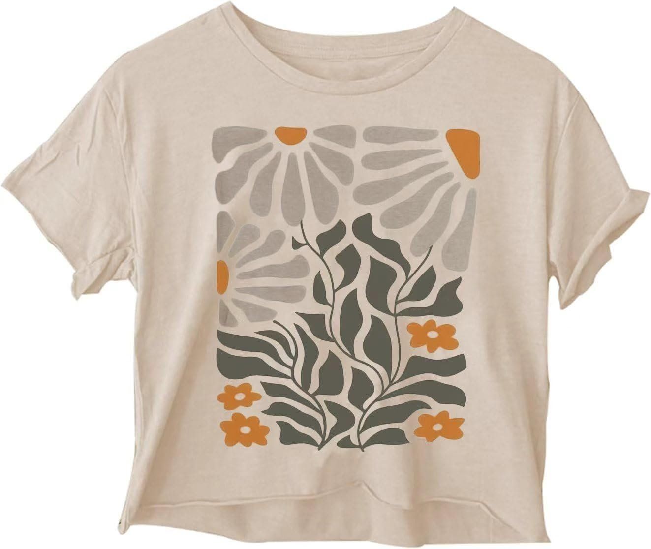 Woffccrd Womens Short Sleeve Crop Tops Wildflower T-Shirts Crew Neck Summer Casual Loose Graphic Tee Tops