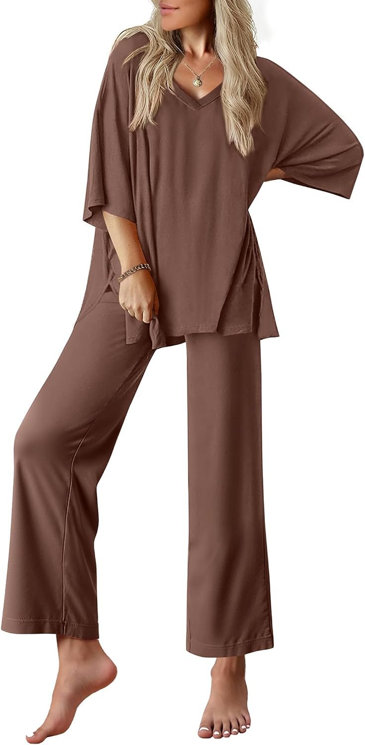 Ekouaer Lounge Sets for Women Pajamas Set Short Sleeve Tops and Long Pants Soft 2 Piece Outfits with Pockets S-XXL