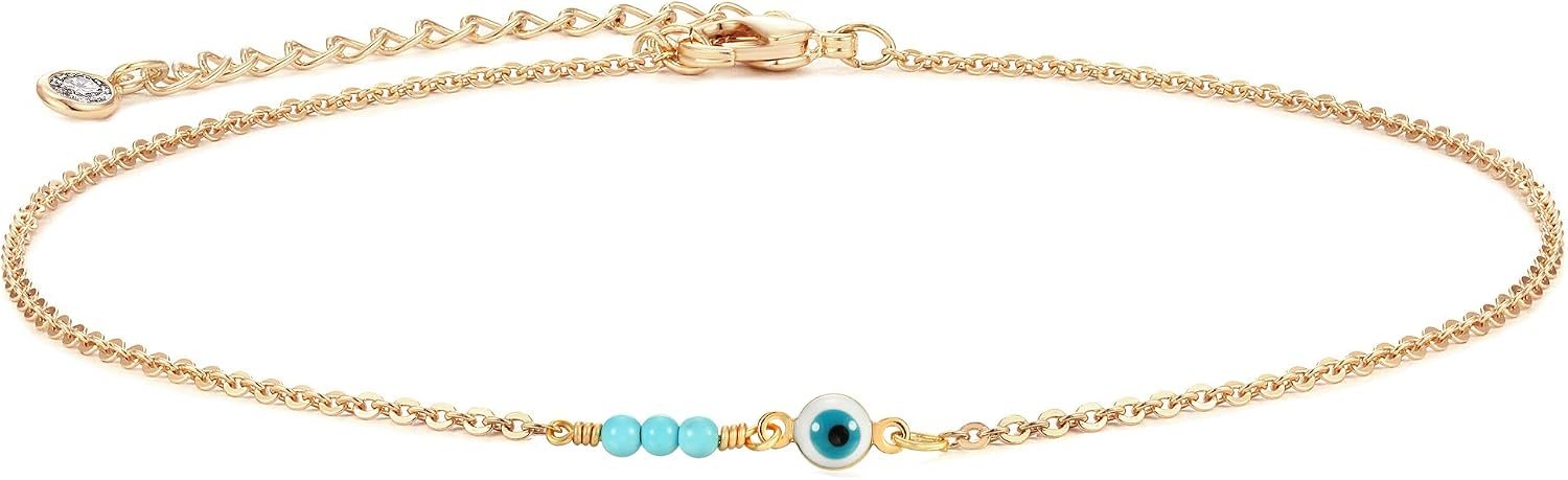 MEVECCO Dainty Evil Eye Protection Necklace,14K Gold Plated Cute Delicate Handmade Tiny Bead Necklace for Women