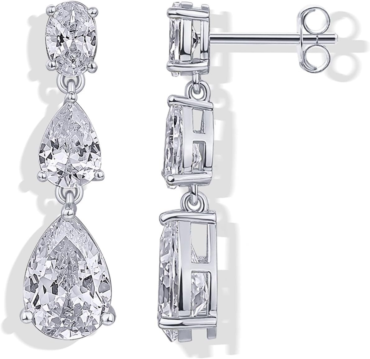 PAVOI 14K Gold Plated Cubic Zirconia Dangle Earrings for Women – Crystal Long Linear Bridal Drop Earrings – Cluster CZ Pearl Simulated Diamond Drop Dangle Wedding Jewelry for Brides & Bridesmaid