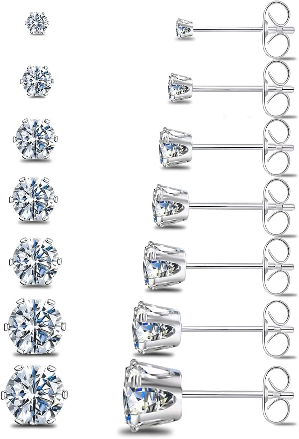 Silver Gold Black Stud Earrings Set 7Pairs Hypoallergenic Cubic Zirconia Titanium Stainless Steel Silver Rose Gold Black CZ Cartilage Stud Earrings Jewelry Sets for Women Men, 2-8mm CZ Stud Earrings