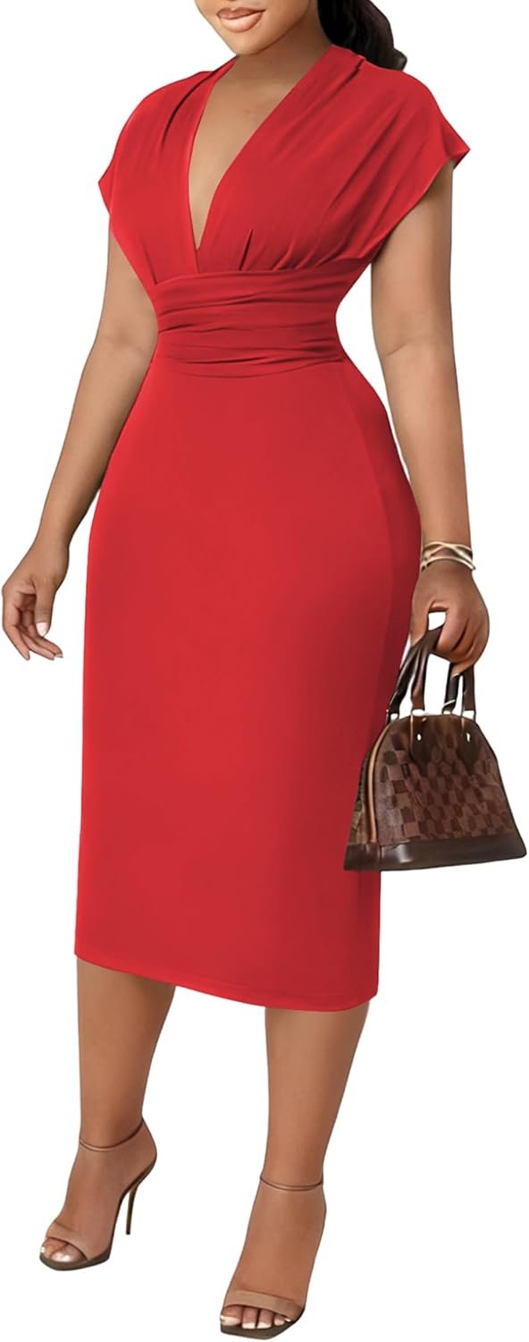 Women’s Bodycon Midi Dress Deep V-Neck Cap Sleeve Ruched High Waist Stretchy Dresses for Date Nights, Parties & Work