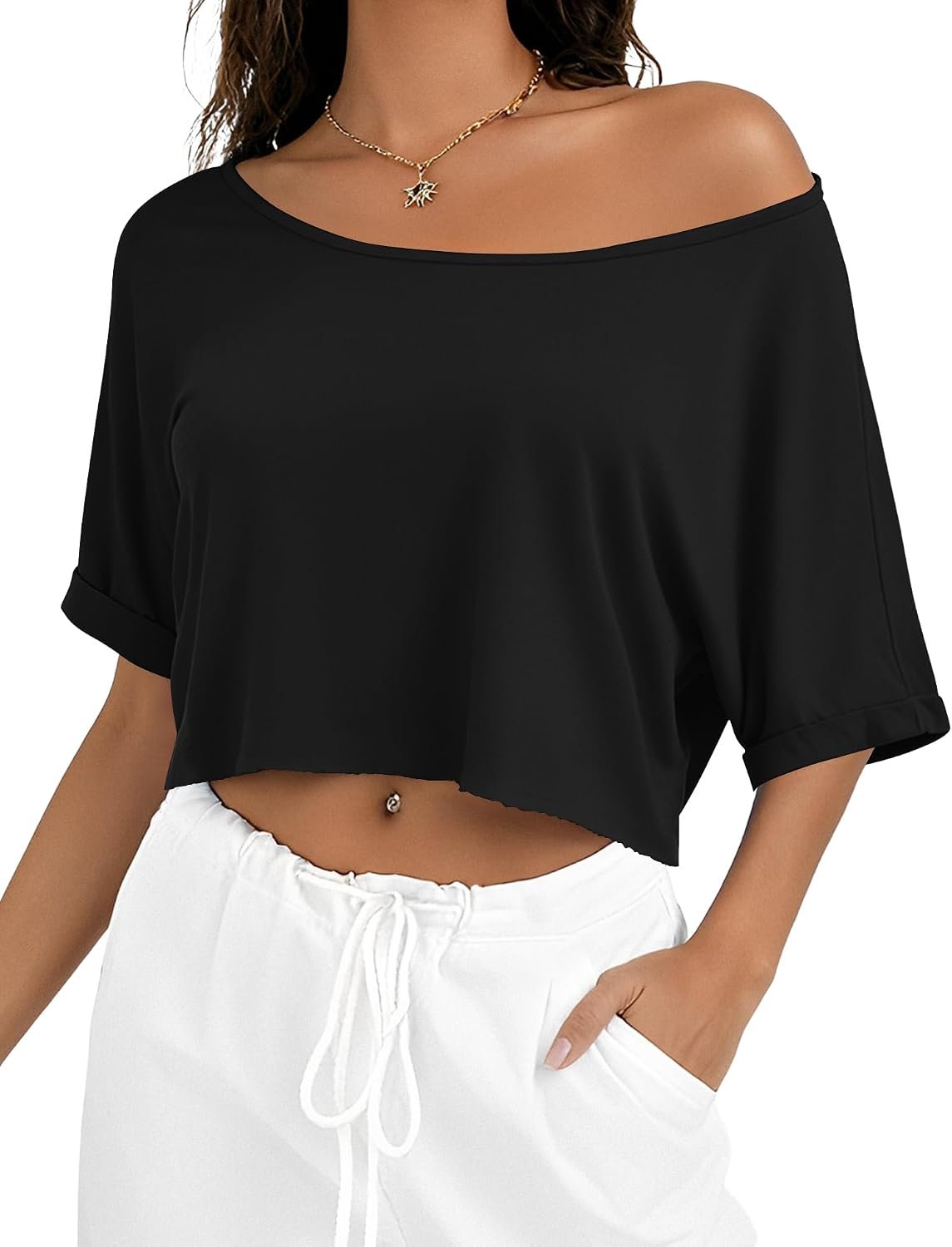 Kistore Off The Shoulder Tops for Women Going Out Short Sleeve Crop Top Boat Neck Loose T Shirt